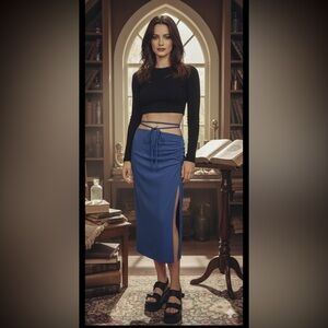 Abercrombie & Fitch Women Midi Skirt  waist strings Solid Blue Ruched Slit Y2K L